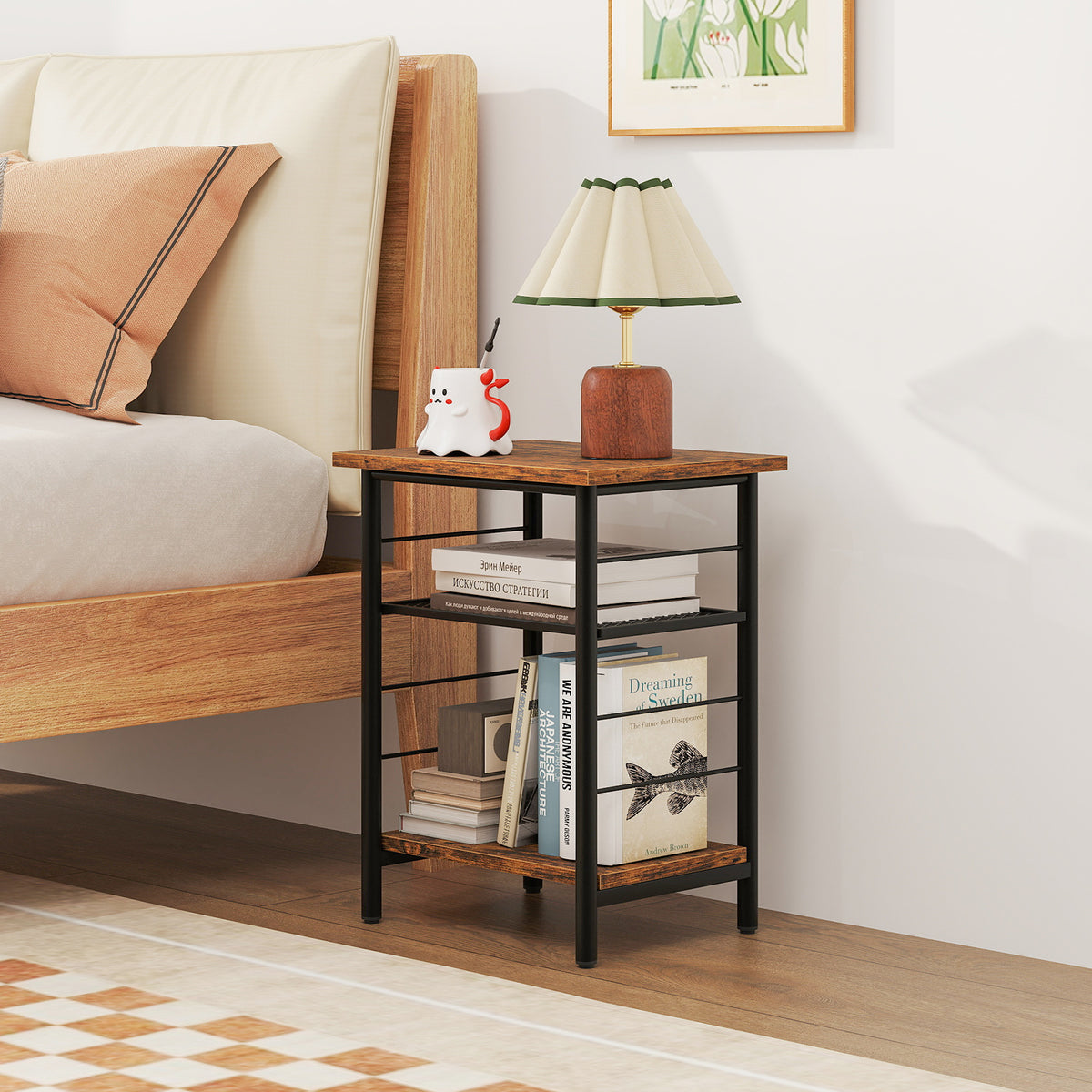 3-Tier End Table Set of 2 with Storage Shelves, Rustic Brown