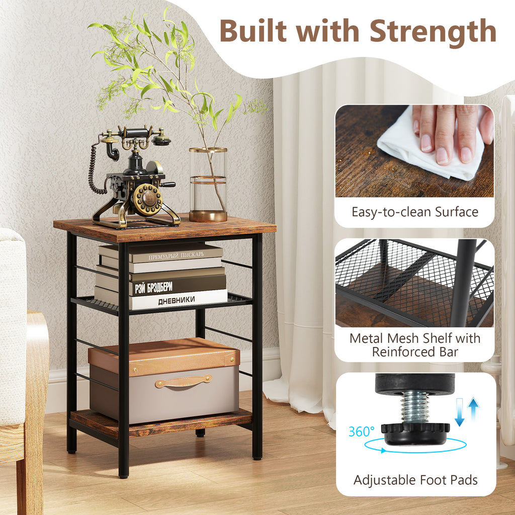 3-Tier End Table Set of 2 with Storage Shelves, Rustic Brown