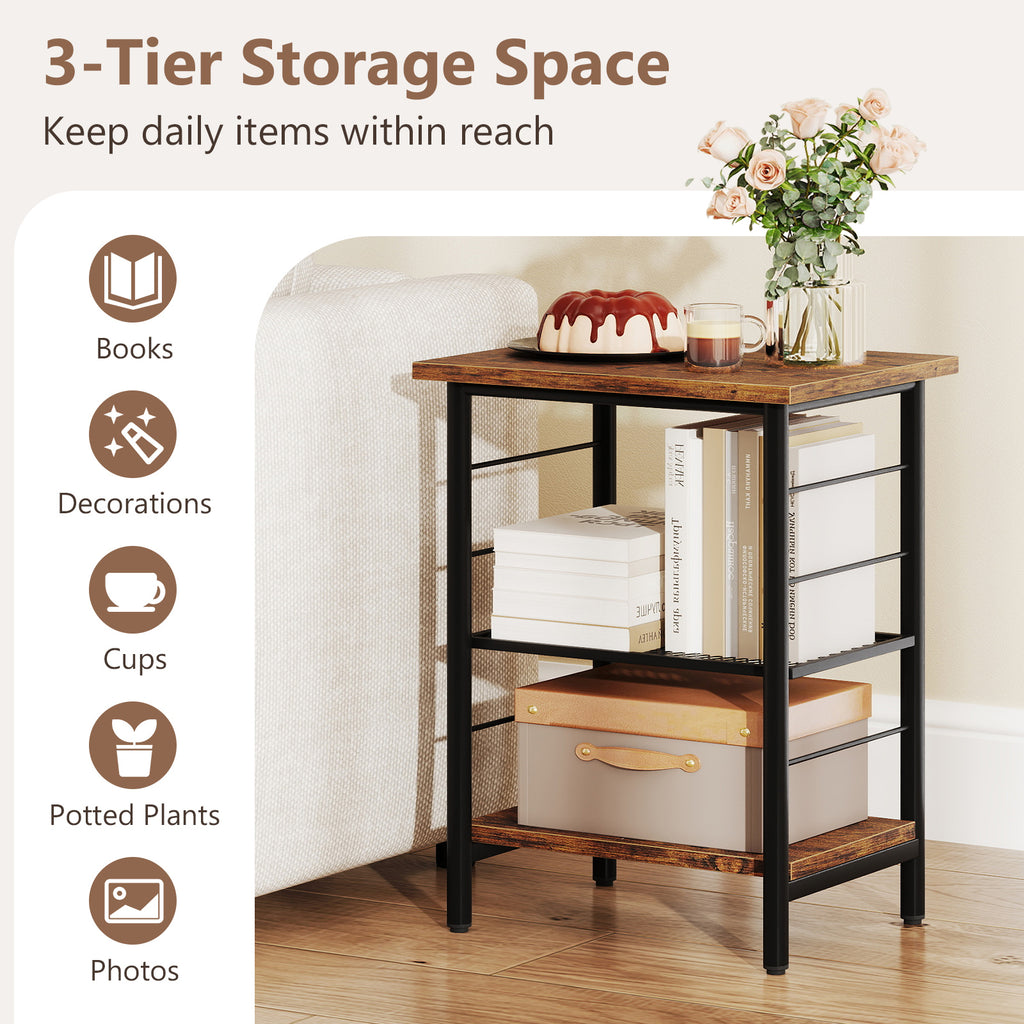 3-Tier End Table Set of 2 with Storage Shelves, Rustic Brown