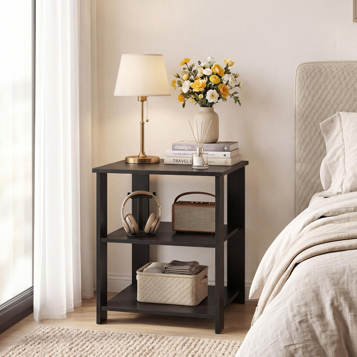 3-Tier Nightstand with Open Storage Shelves - White