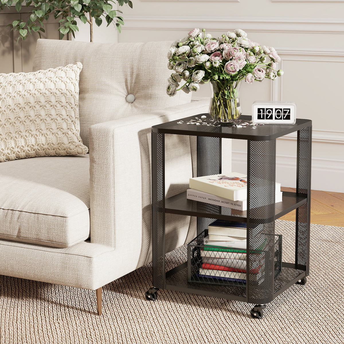 3-Tier Rolling End Table with Storage Shelves