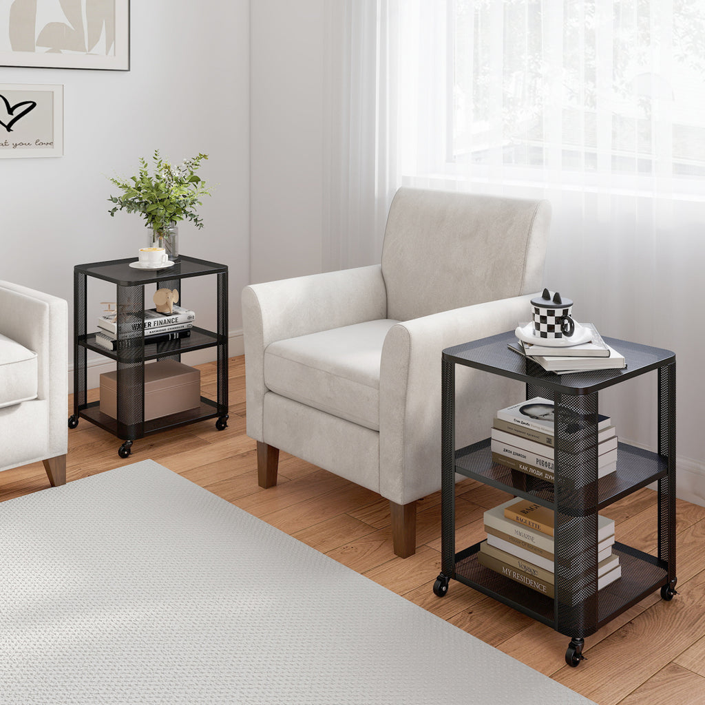 3-Tier Rolling End Table with Storage Shelves