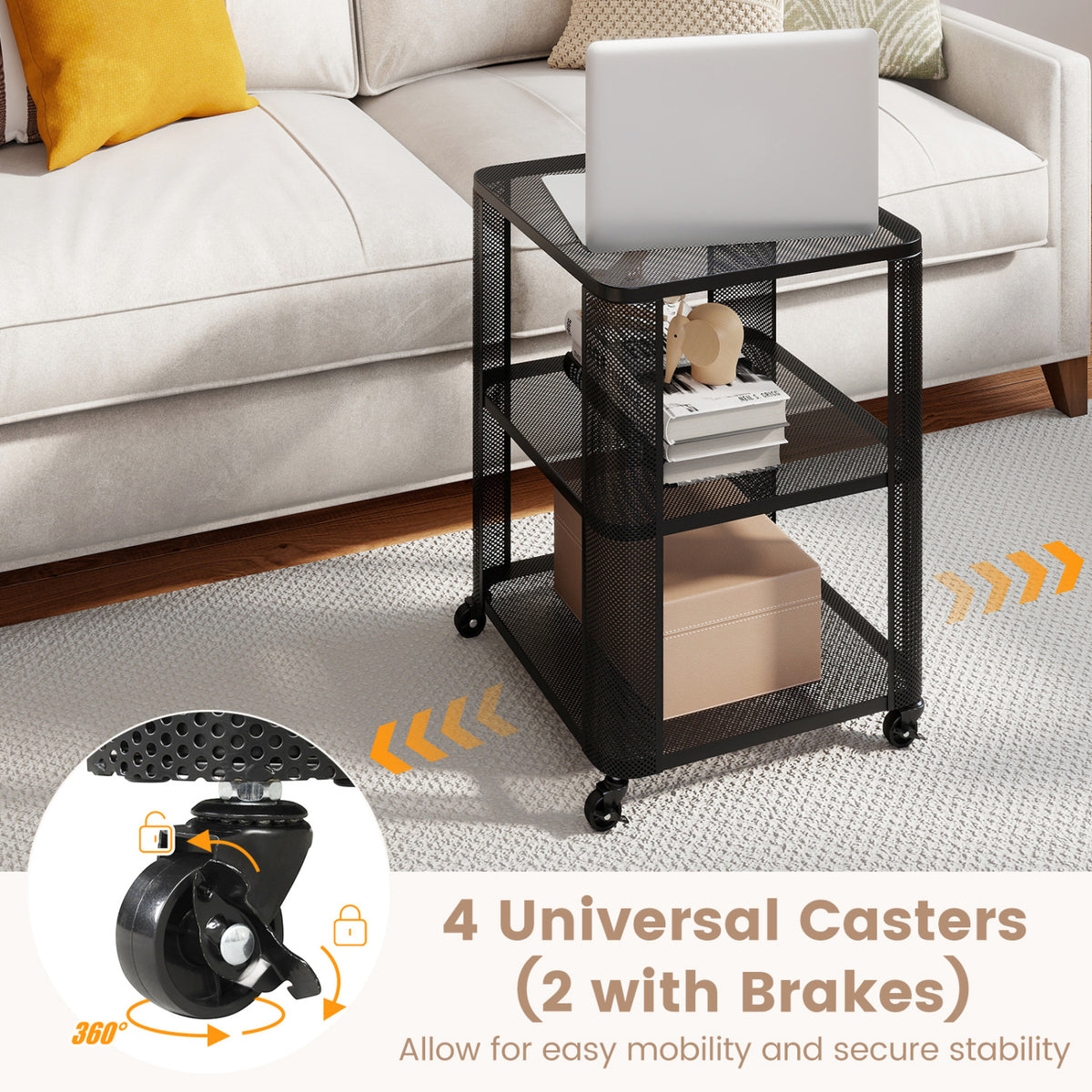 3-Tier Rolling End Table with Storage Shelves