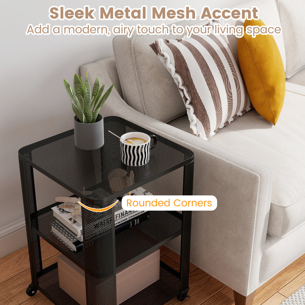 3-Tier Rolling End Table with Storage Shelves