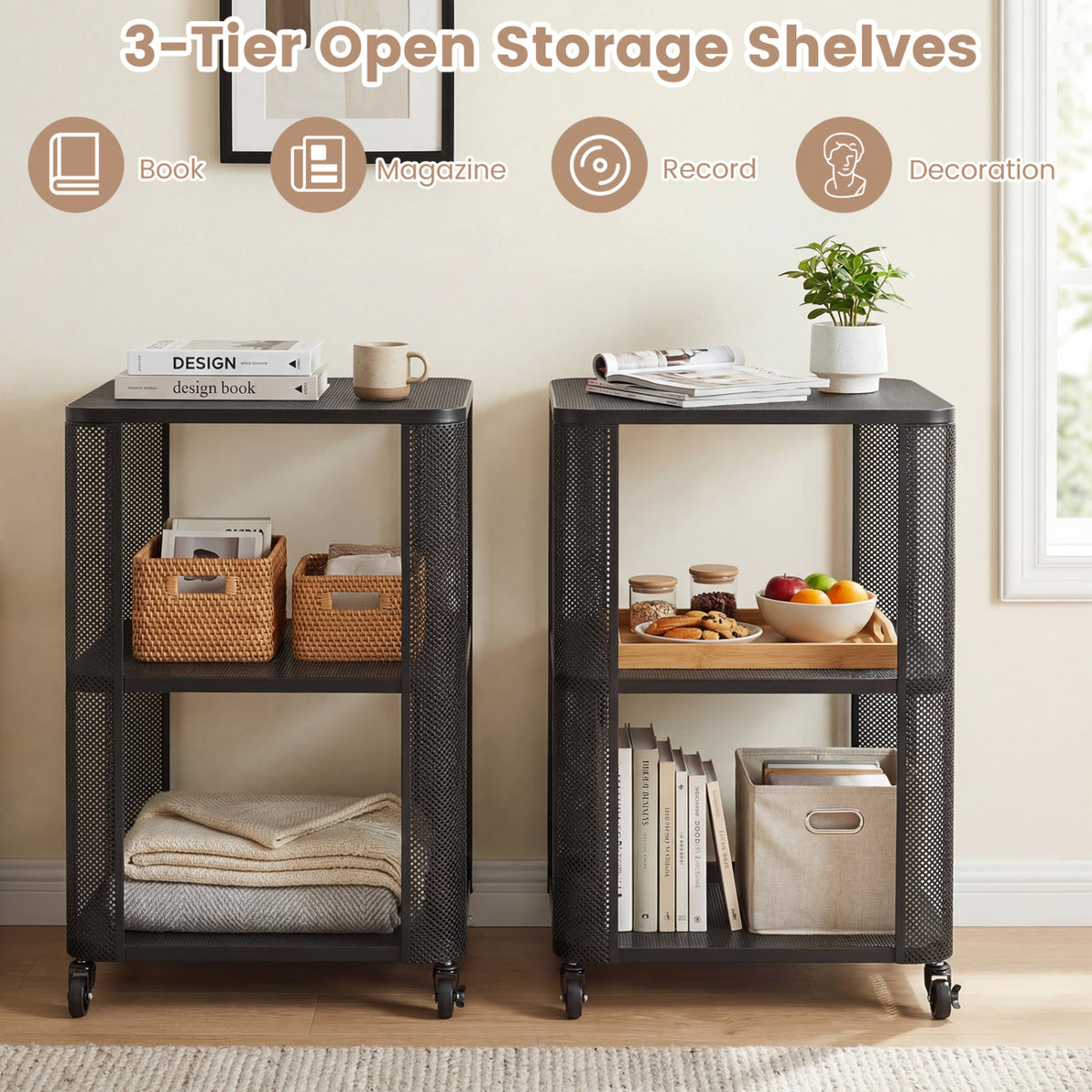 3-Tier Rolling End Table with Storage Shelves
