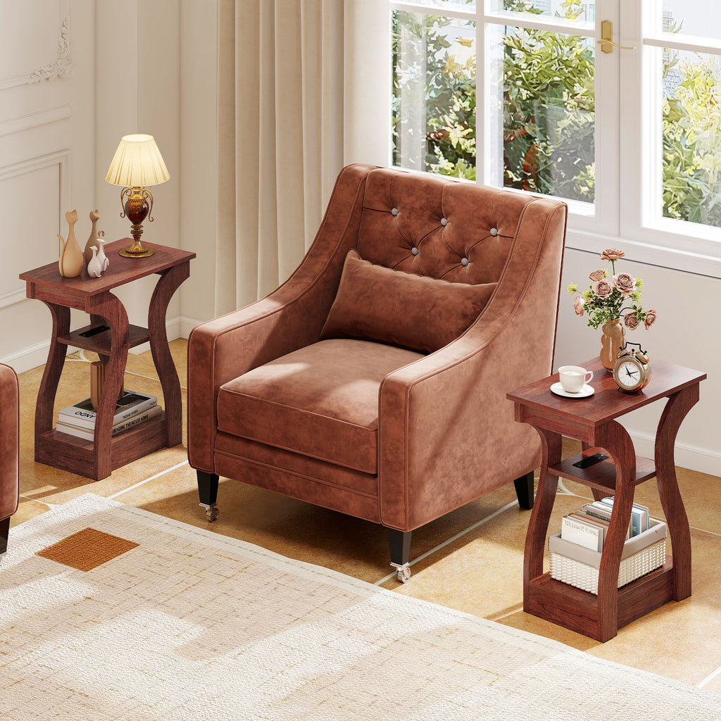 3-Tier End Table with Charging Station & Storage Shelves - Cherry
