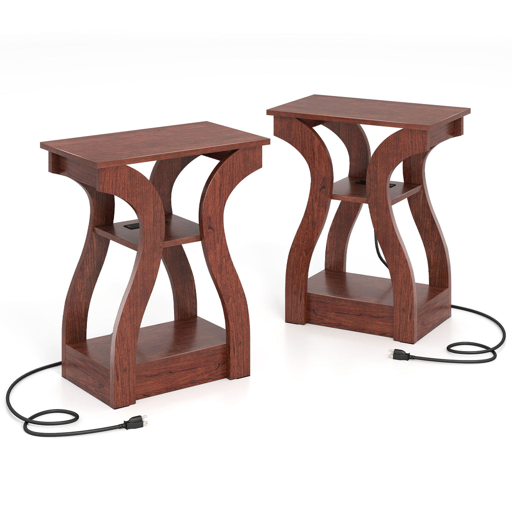 3-Tier End Table with Charging Station & Storage Shelves - Cherry