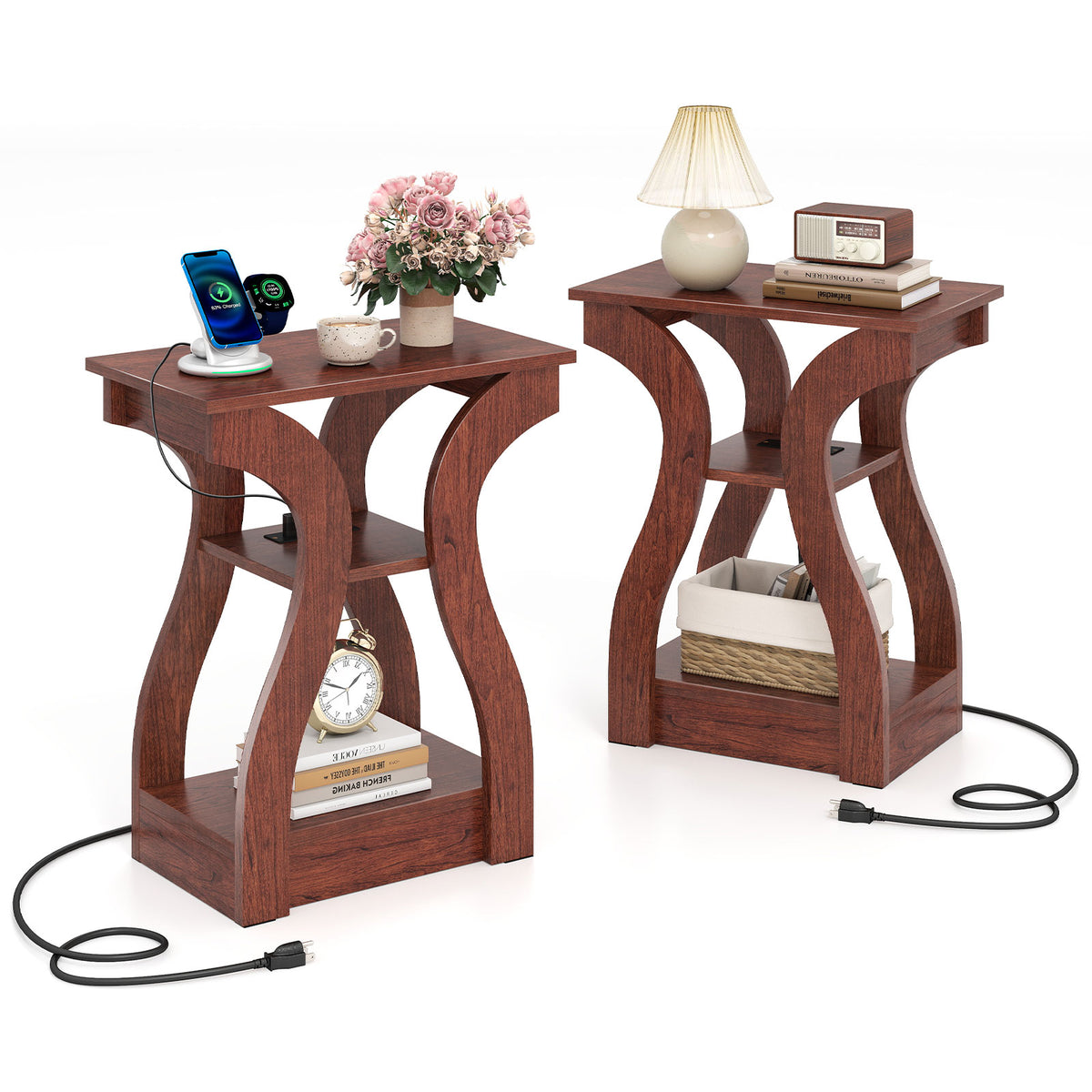3-Tier End Table with Charging Station & Storage Shelves - Cherry