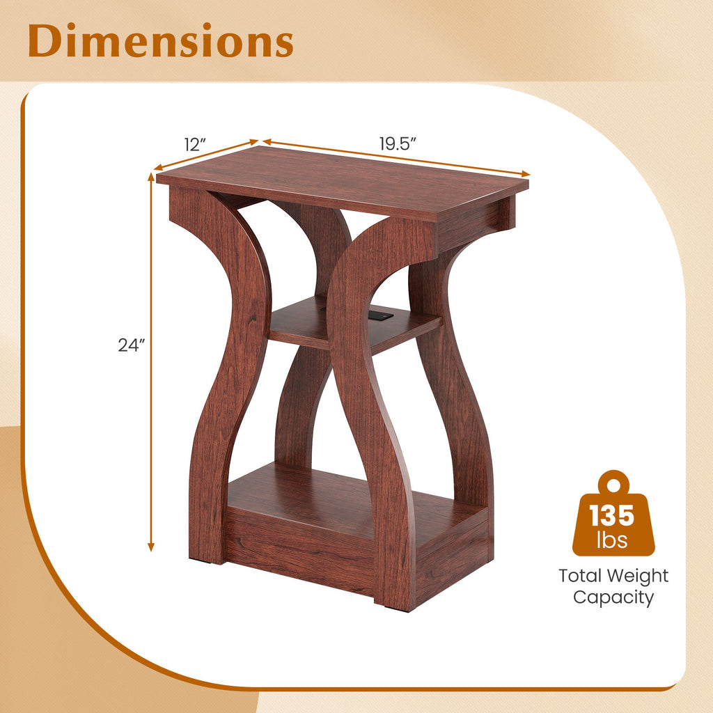 3-Tier End Table with Charging Station & Storage Shelves - Cherry