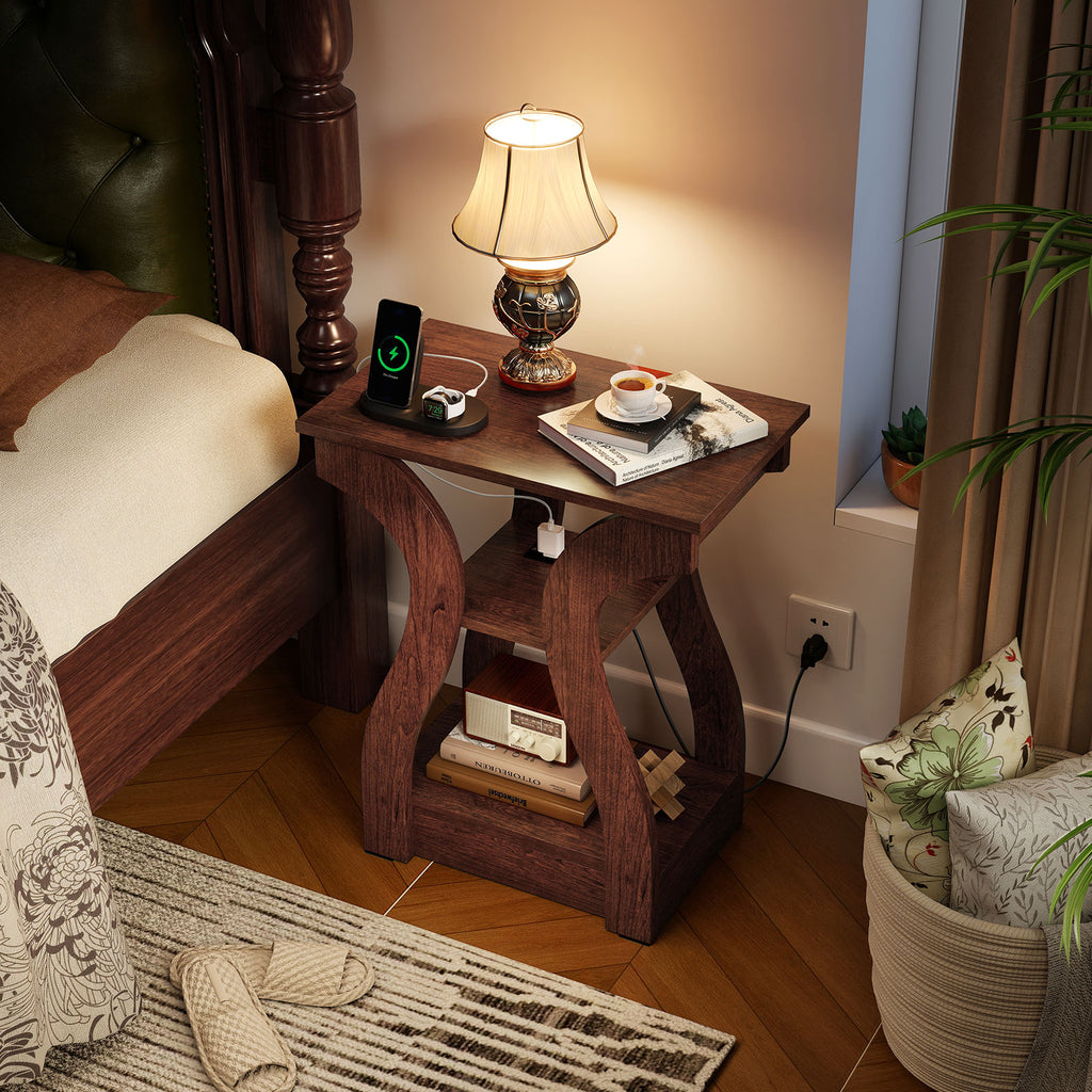 3-Tier End Table with Charging Station & Storage Shelves - Cherry