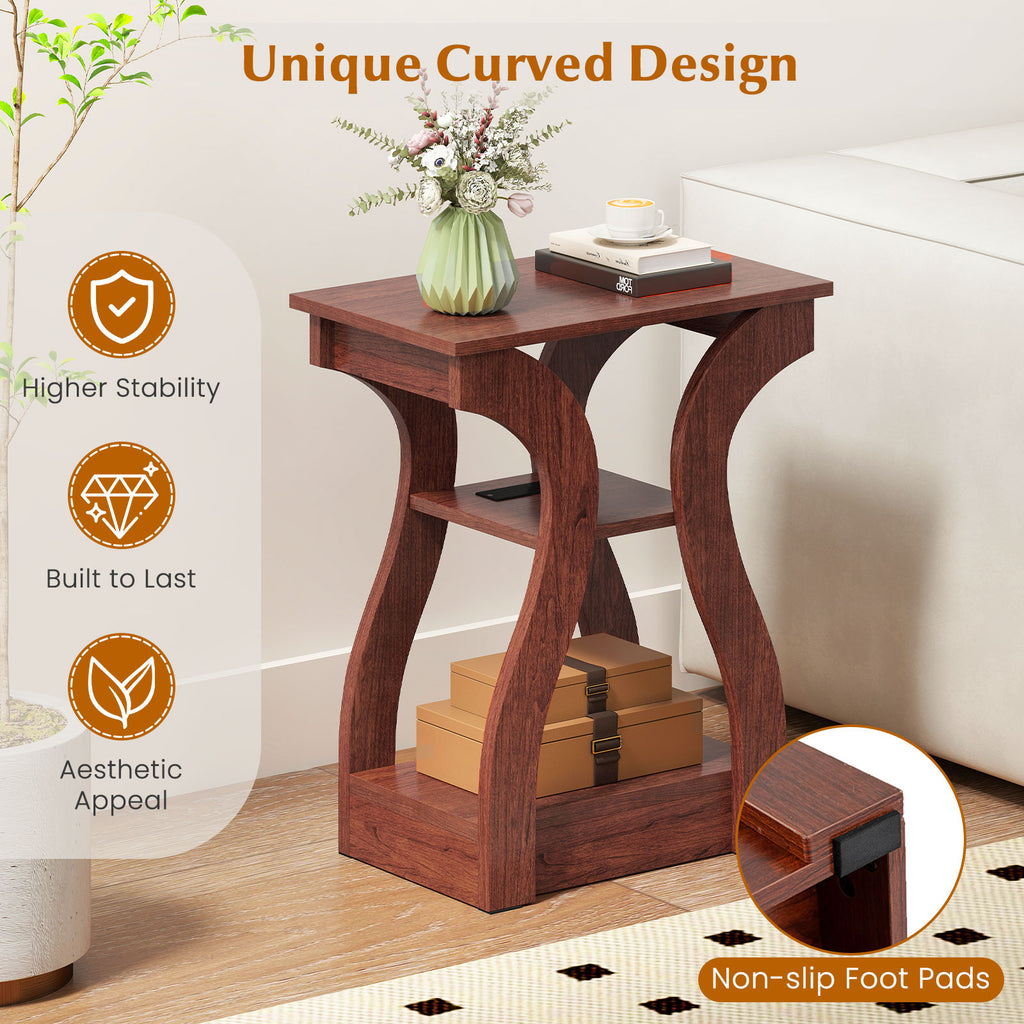 3-Tier End Table with Charging Station & Storage Shelves - Cherry