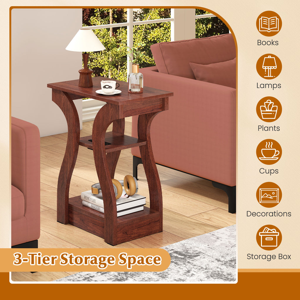 3-Tier End Table with Charging Station & Storage Shelves - Cherry