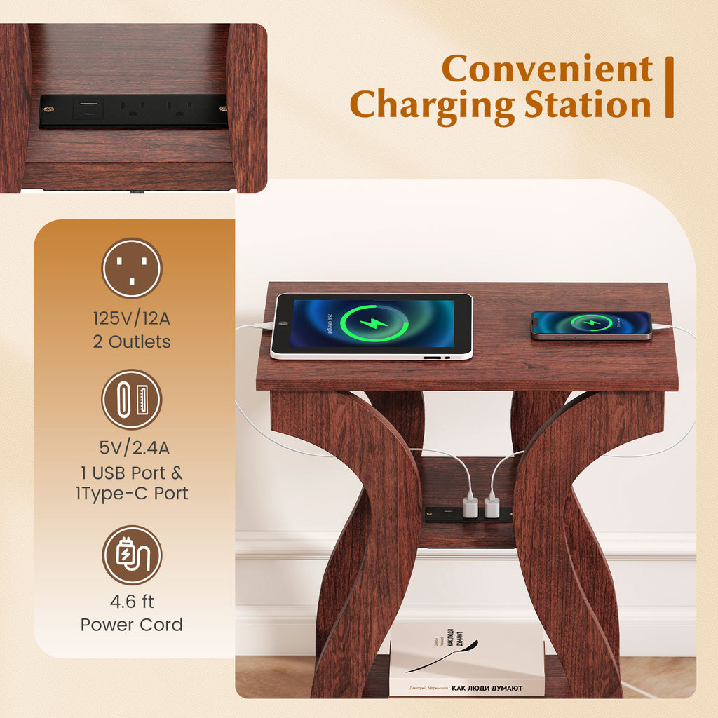 3-Tier End Table with Charging Station & Storage Shelves - Cherry