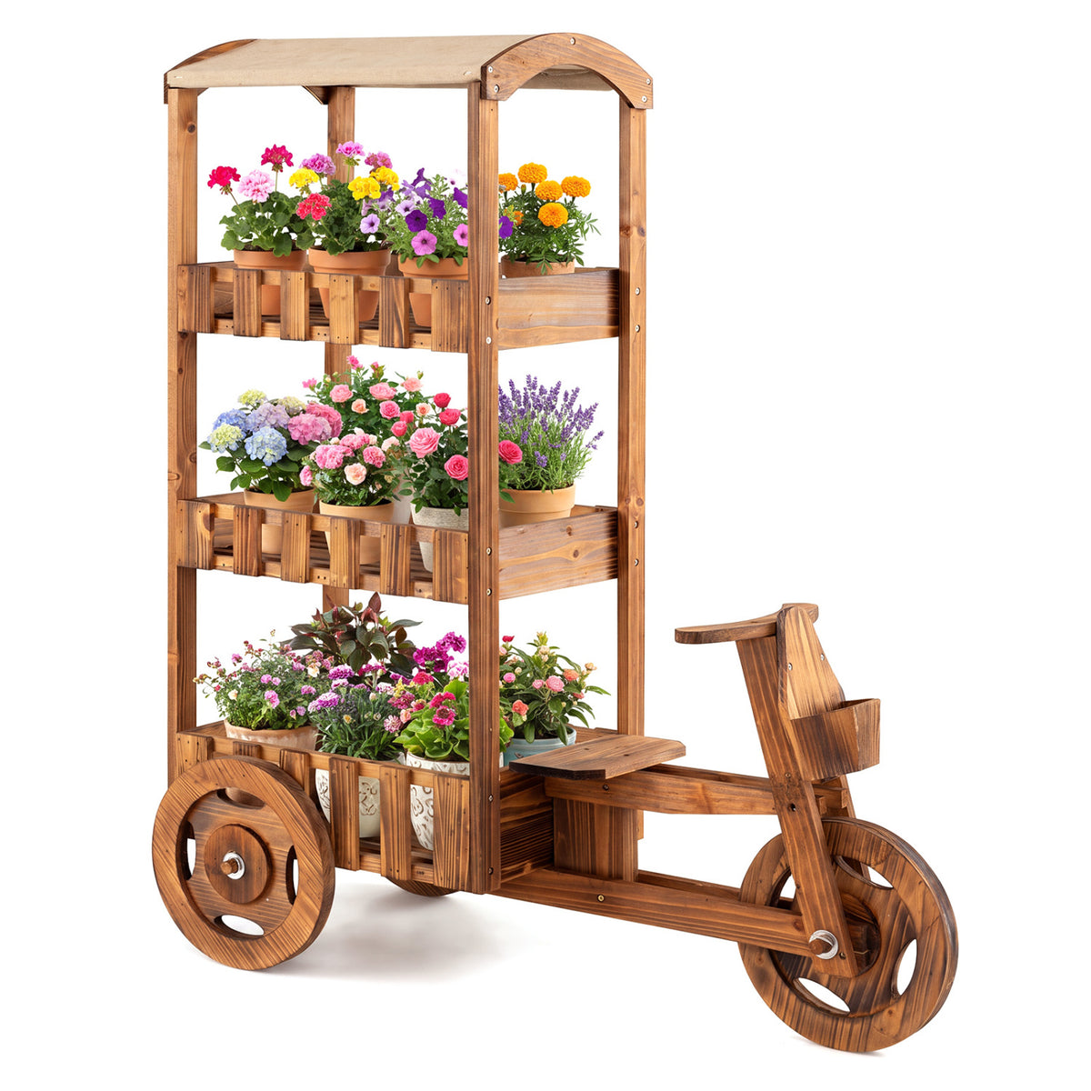 3-Tier Fir Wood Plant Stand with Fabric Canopy and 3 Wheels