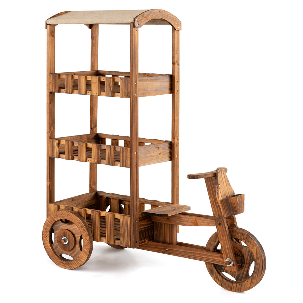 3-Tier Fir Wood Plant Stand with Fabric Canopy and 3 Wheels