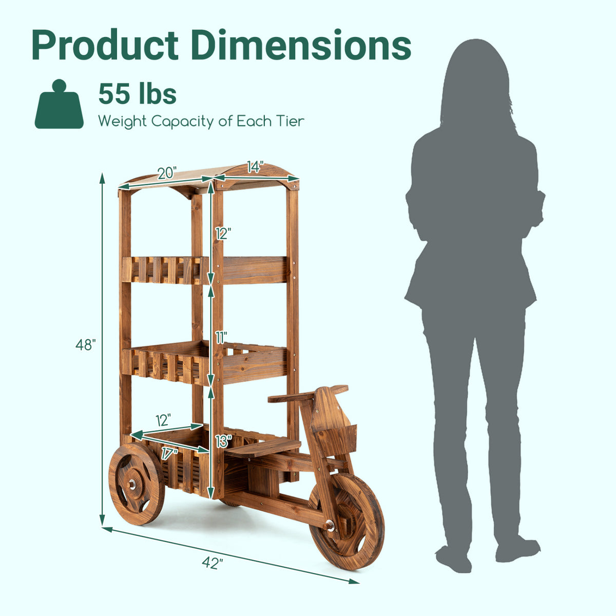 3-Tier Fir Wood Plant Stand with Fabric Canopy and 3 Wheels