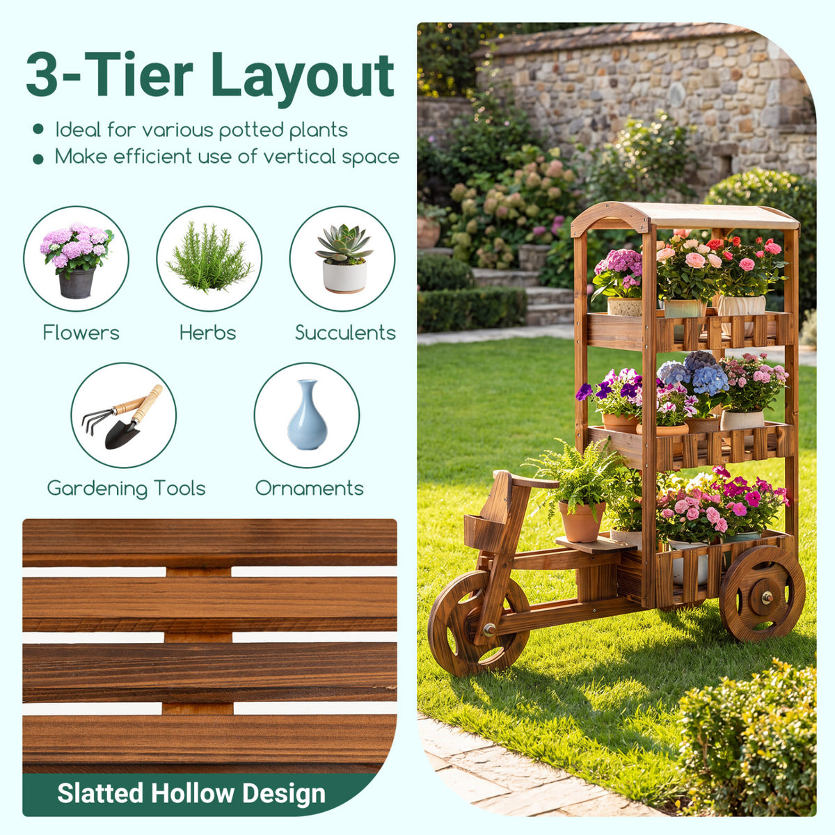 3-Tier Fir Wood Plant Stand with Fabric Canopy and 3 Wheels