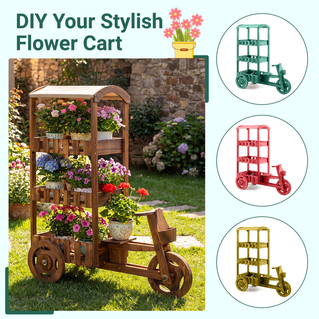 3-Tier Fir Wood Plant Stand with Fabric Canopy and 3 Wheels