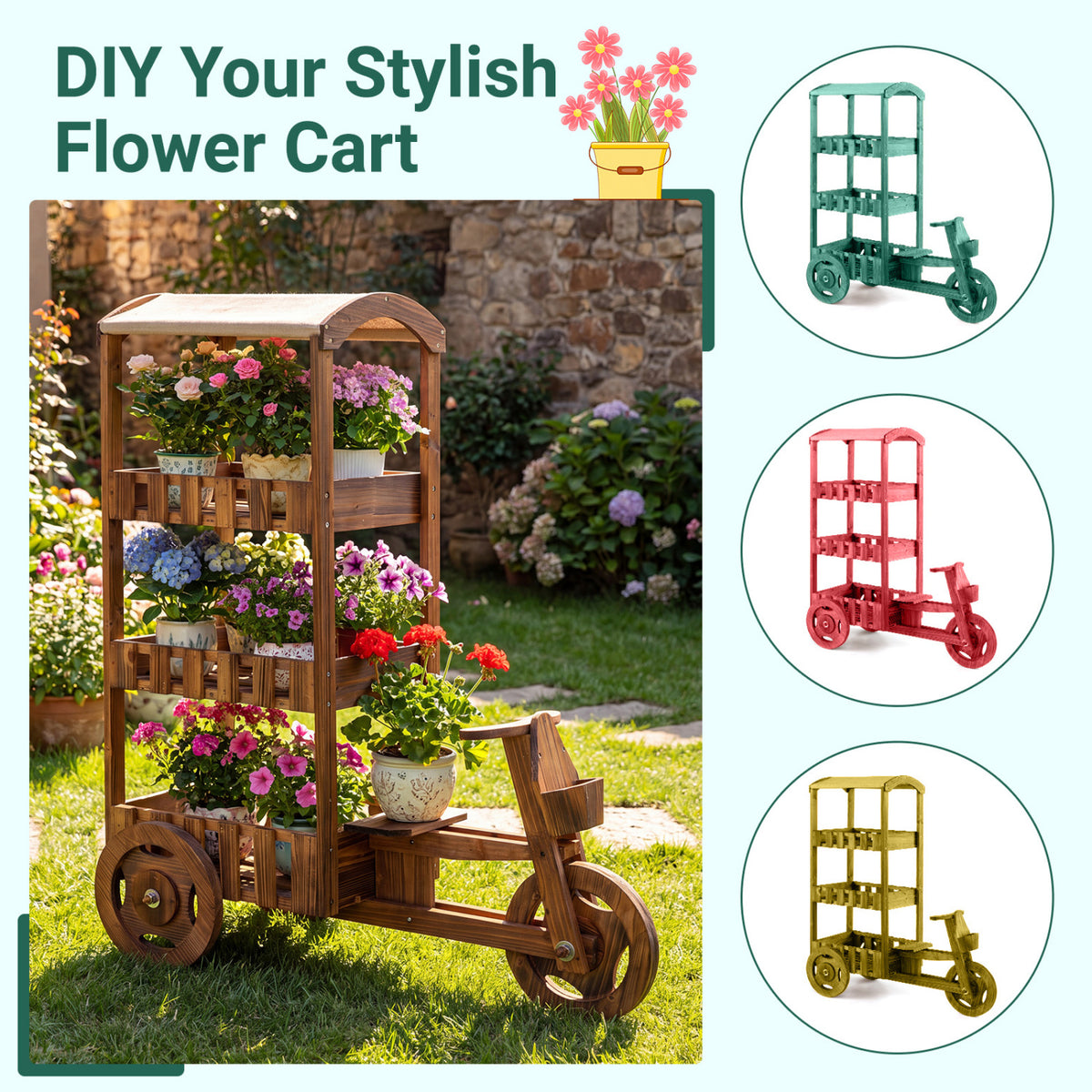 3-Tier Fir Wood Plant Stand with Fabric Canopy and 3 Wheels