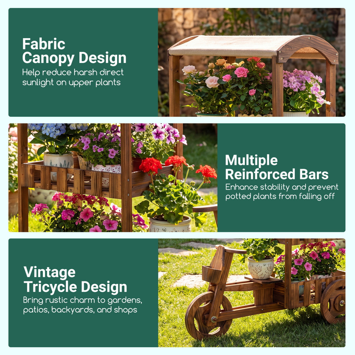 3-Tier Fir Wood Plant Stand with Fabric Canopy and 3 Wheels
