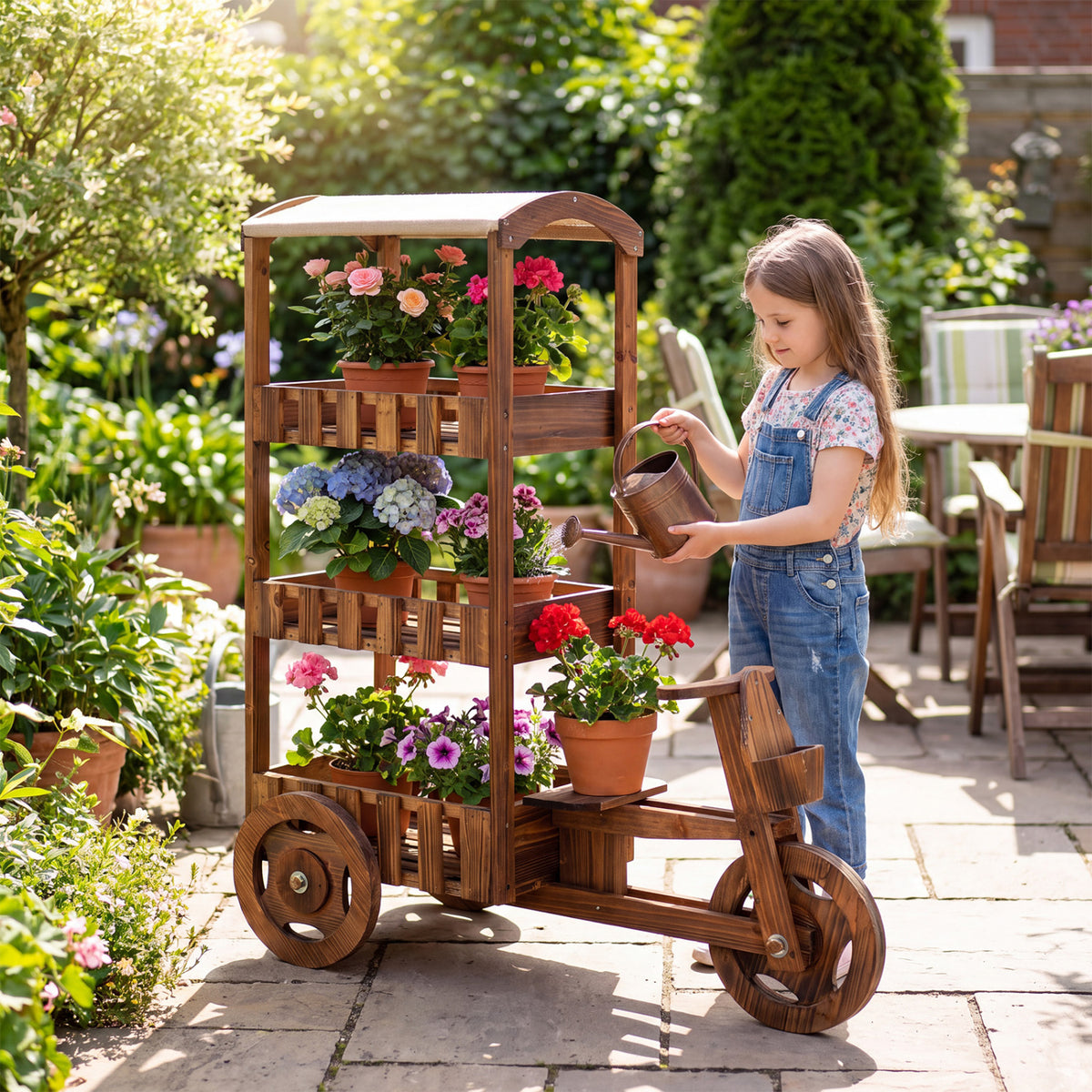 3-Tier Fir Wood Plant Stand with Fabric Canopy and 3 Wheels