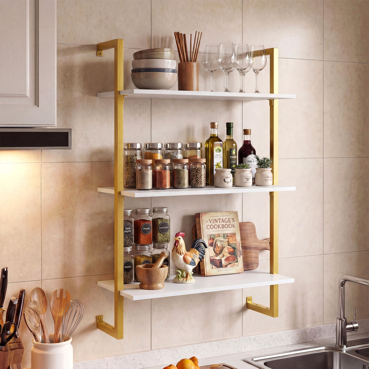 3-Tier Floating Shelf Modern Kitchen Storage White