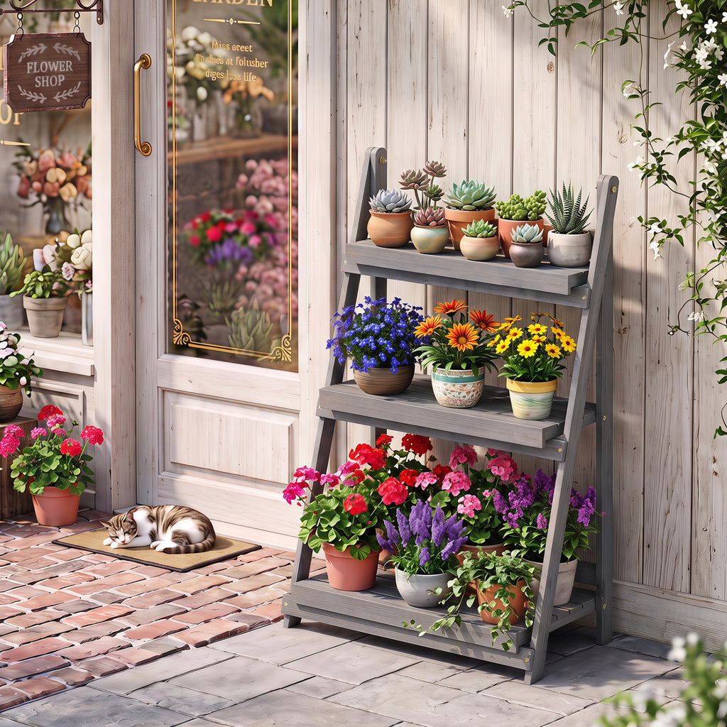 3-Tier Foldable Plant Stand with Slatted Shelves and Fir Wood Frame