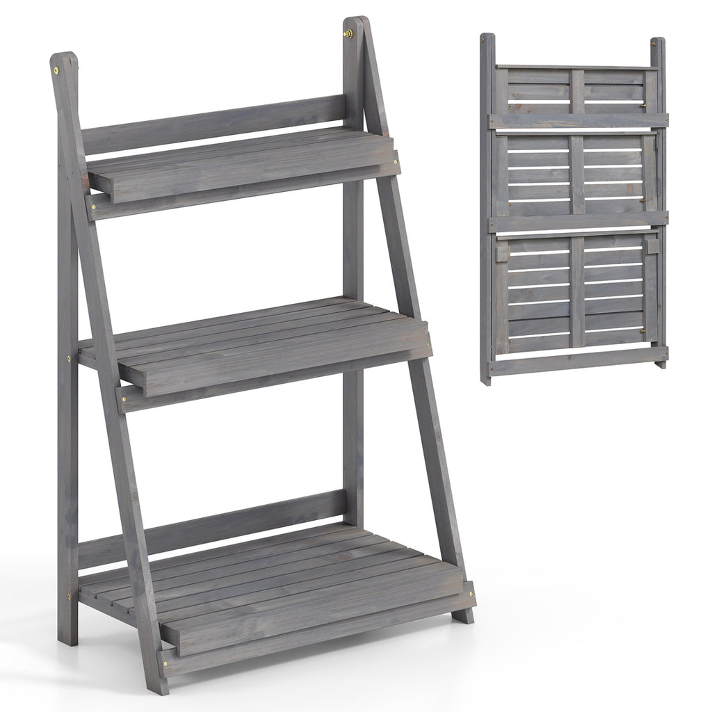 3-Tier Foldable Plant Stand with Slatted Shelves and Fir Wood Frame