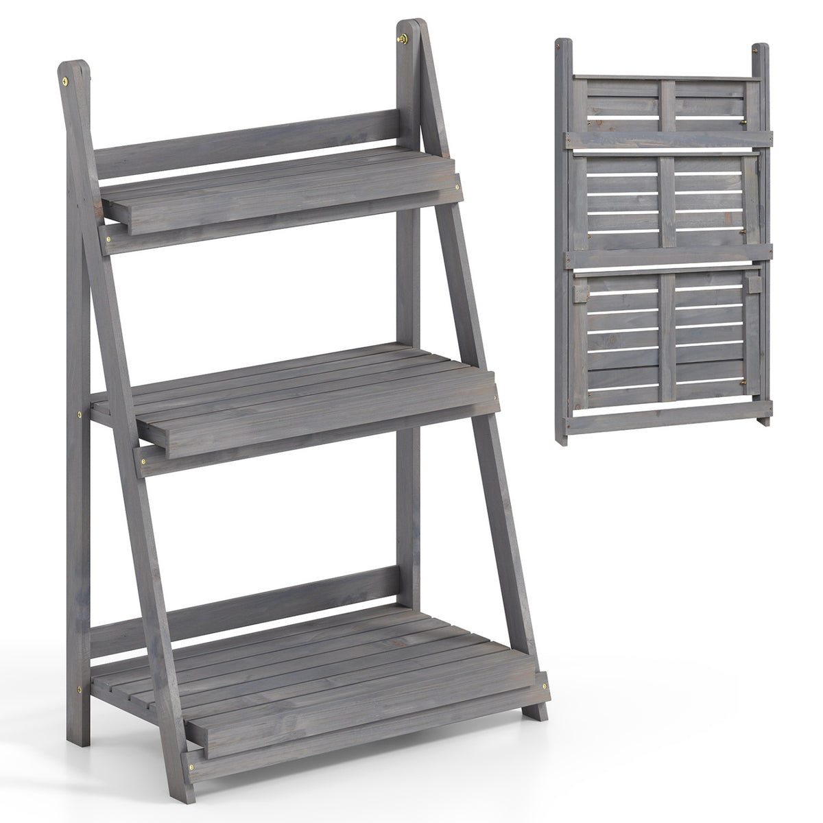 3-Tier Foldable Plant Stand with Slatted Shelves and Fir Wood Frame