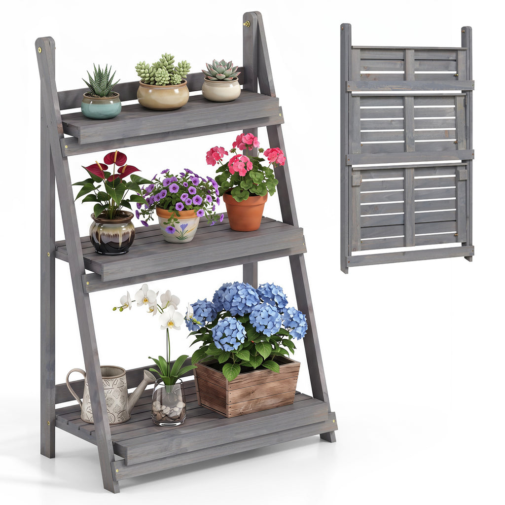 3-Tier Foldable Plant Stand with Slatted Shelves and Fir Wood Frame