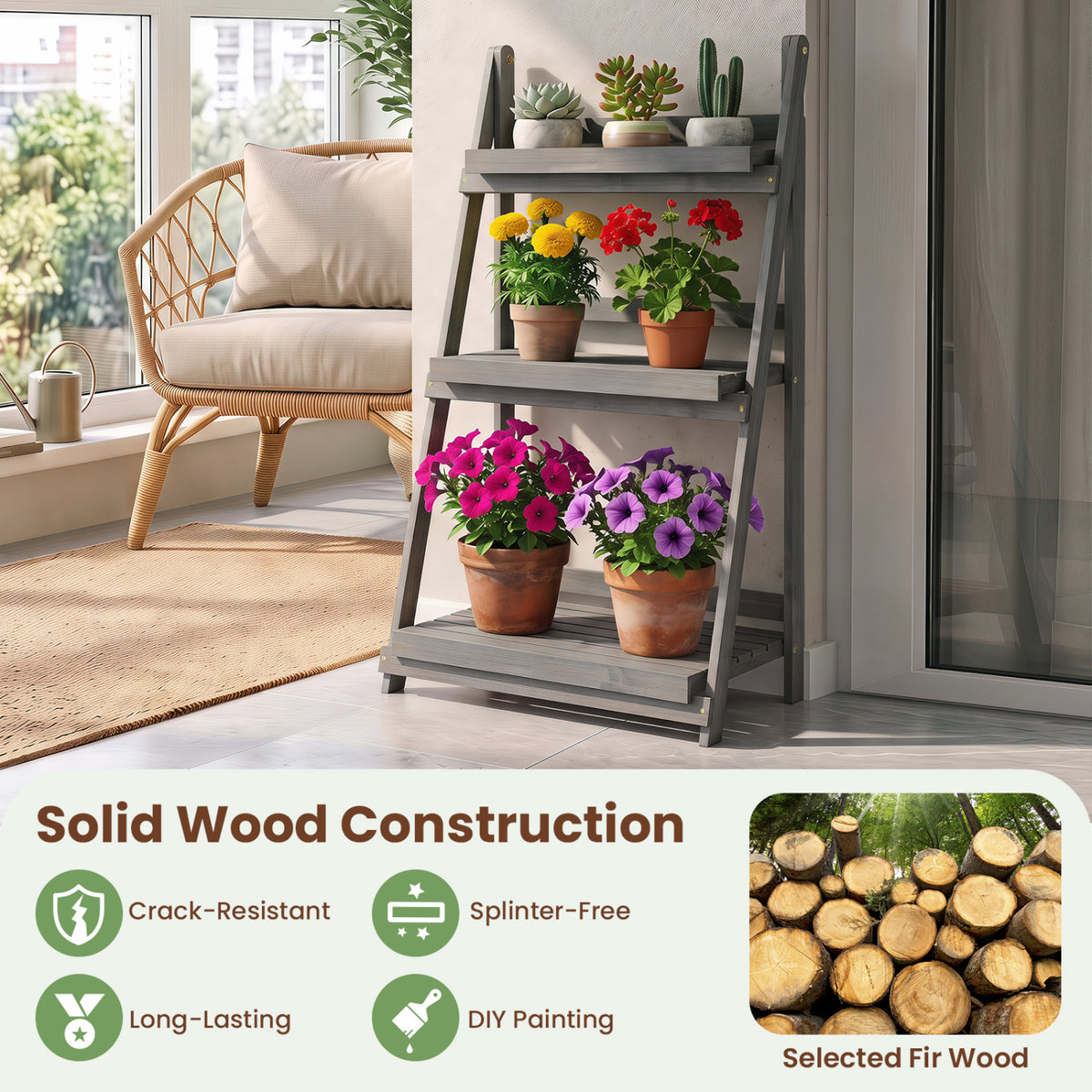 3-Tier Foldable Plant Stand with Slatted Shelves and Fir Wood Frame