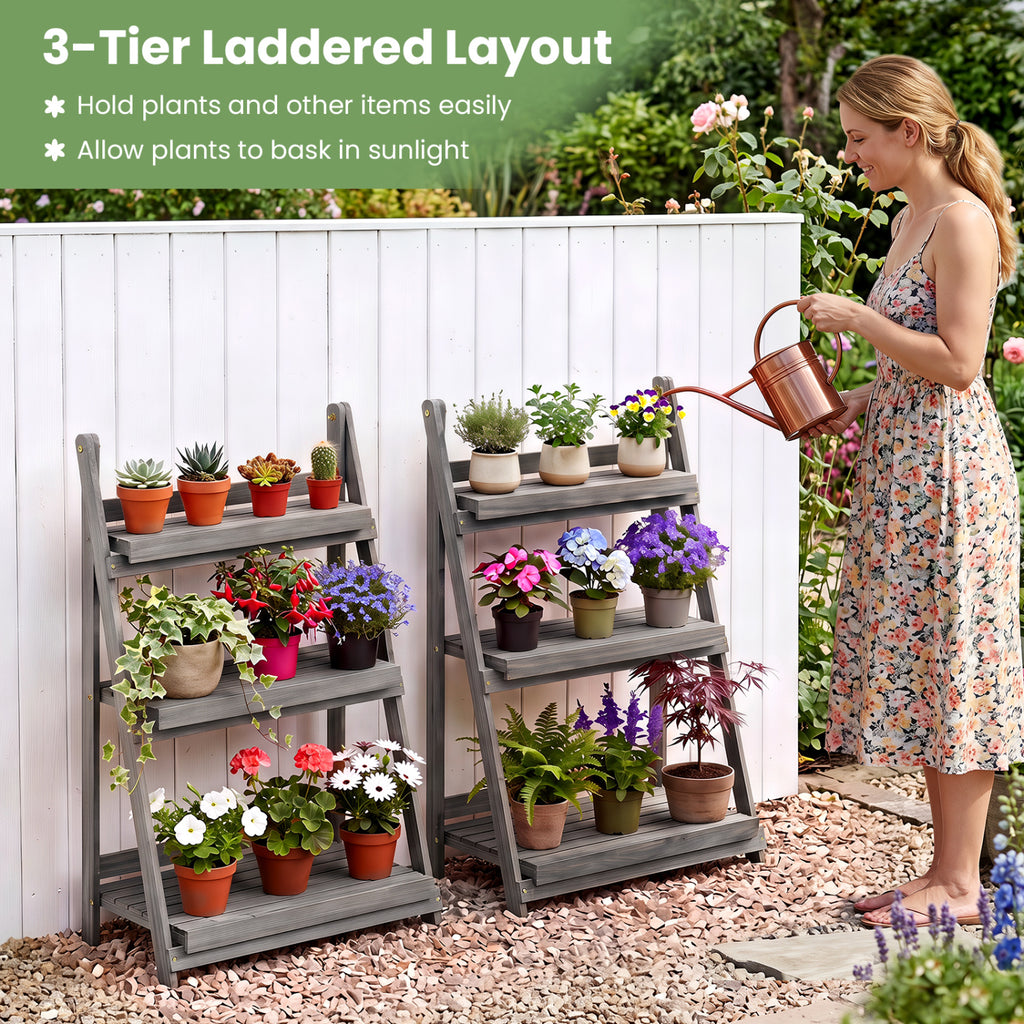 3-Tier Foldable Plant Stand with Slatted Shelves and Fir Wood Frame