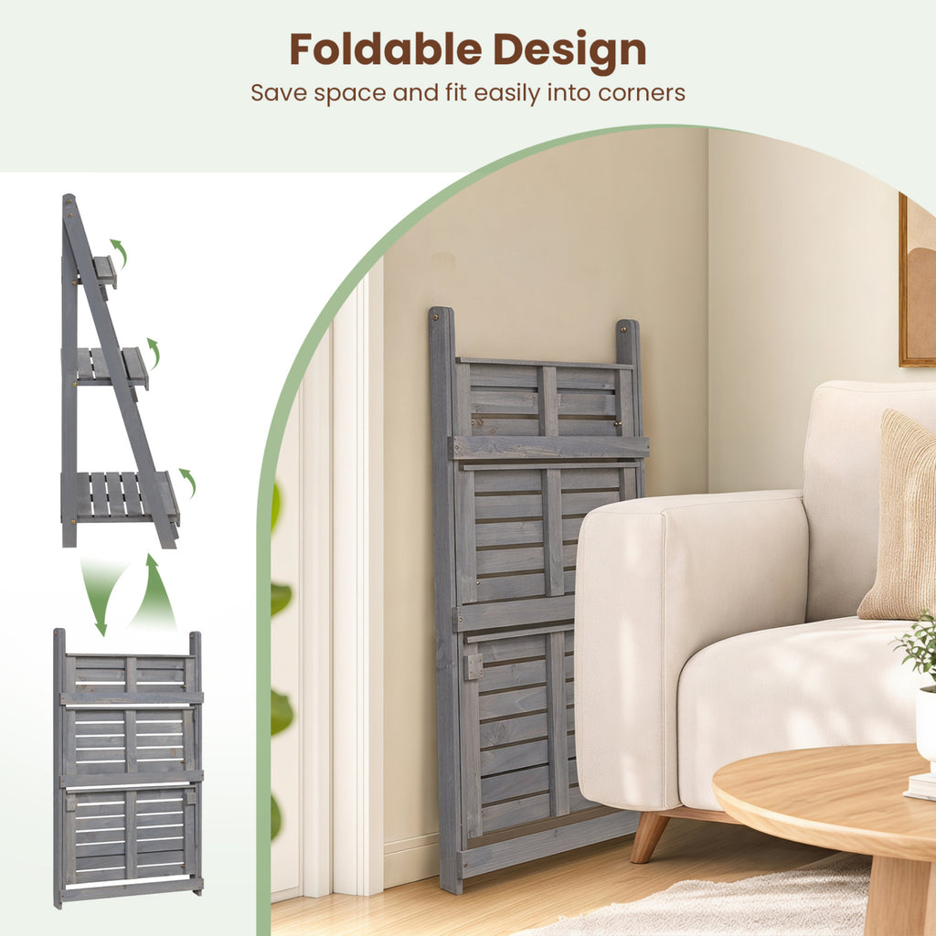 3-Tier Foldable Plant Stand with Slatted Shelves and Fir Wood Frame