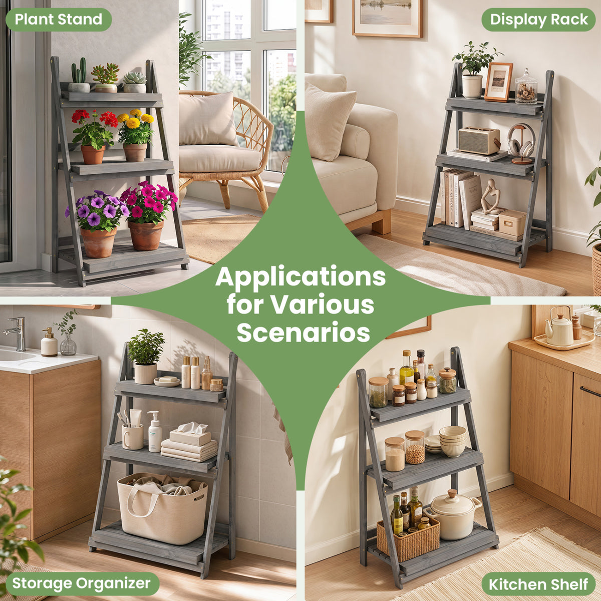 3-Tier Foldable Plant Stand with Slatted Shelves and Fir Wood Frame