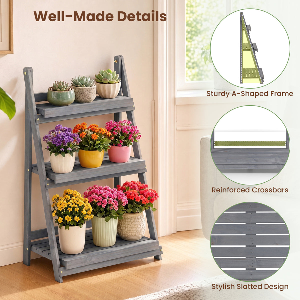 3-Tier Foldable Plant Stand with Slatted Shelves and Fir Wood Frame