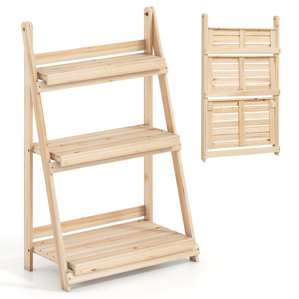3-Tier Foldable Plant Stand with Slatted Shelves and Fir Wood Frame