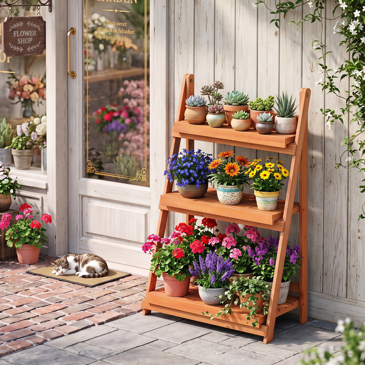 3-Tier Foldable Plant Stand with Slatted Shelves and Fir Wood Frame