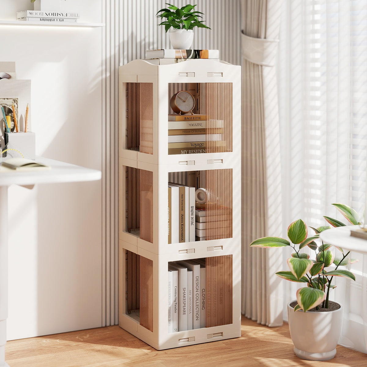 3-Tier Rotating Bookshelf with Swivel Base, White