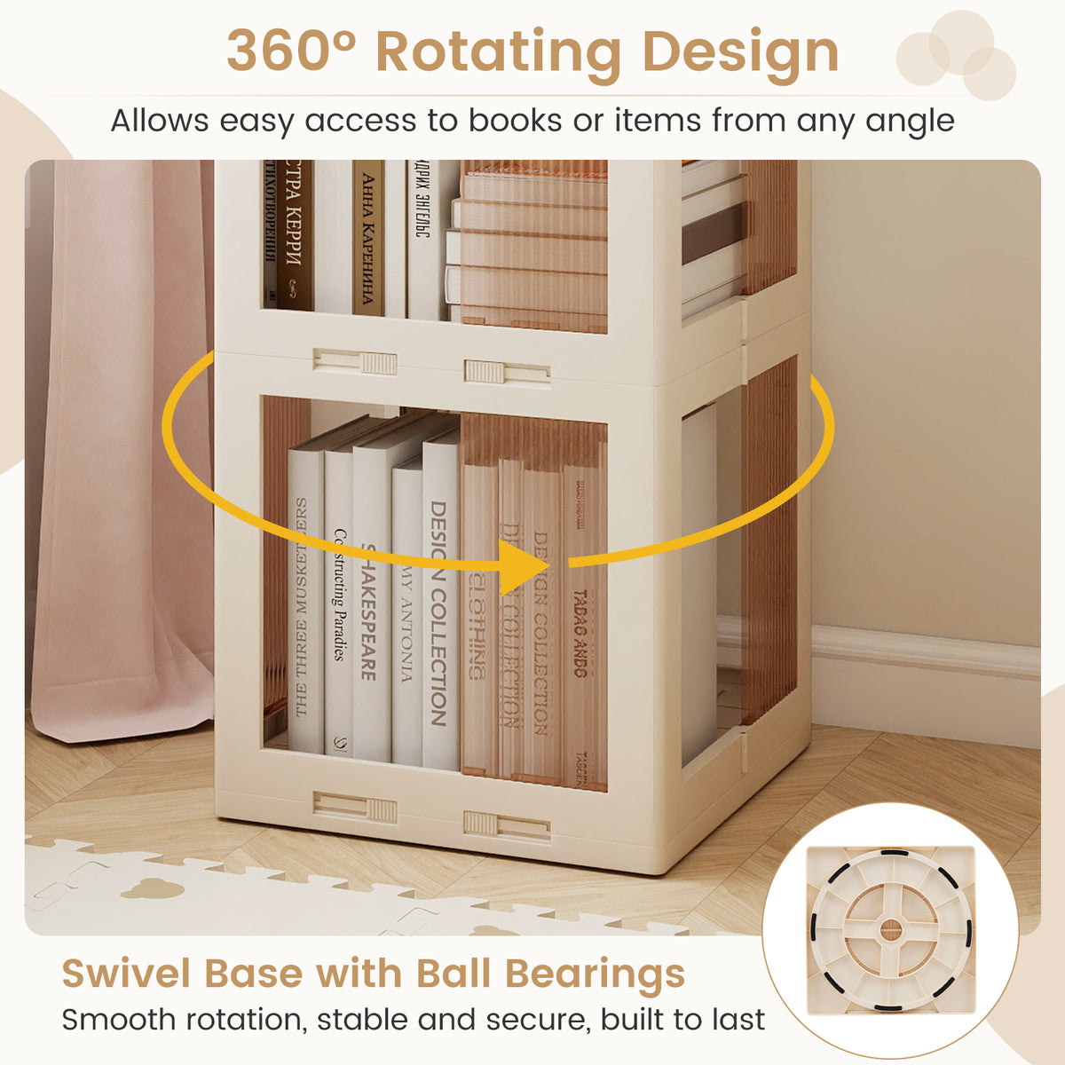 3-Tier Rotating Bookshelf with Swivel Base, White