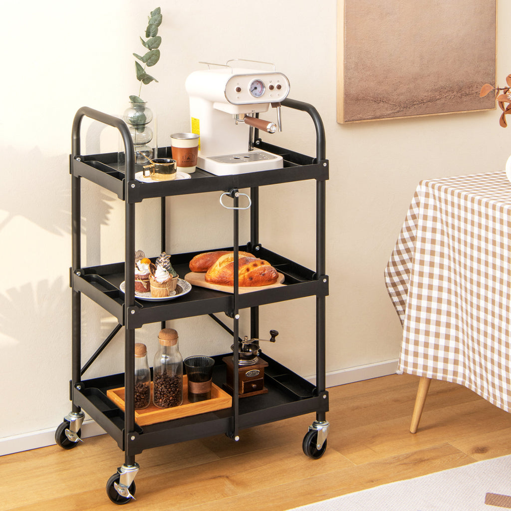 3-Tier Folding Trolley Cart with Universal Wheels Heavy Duty for