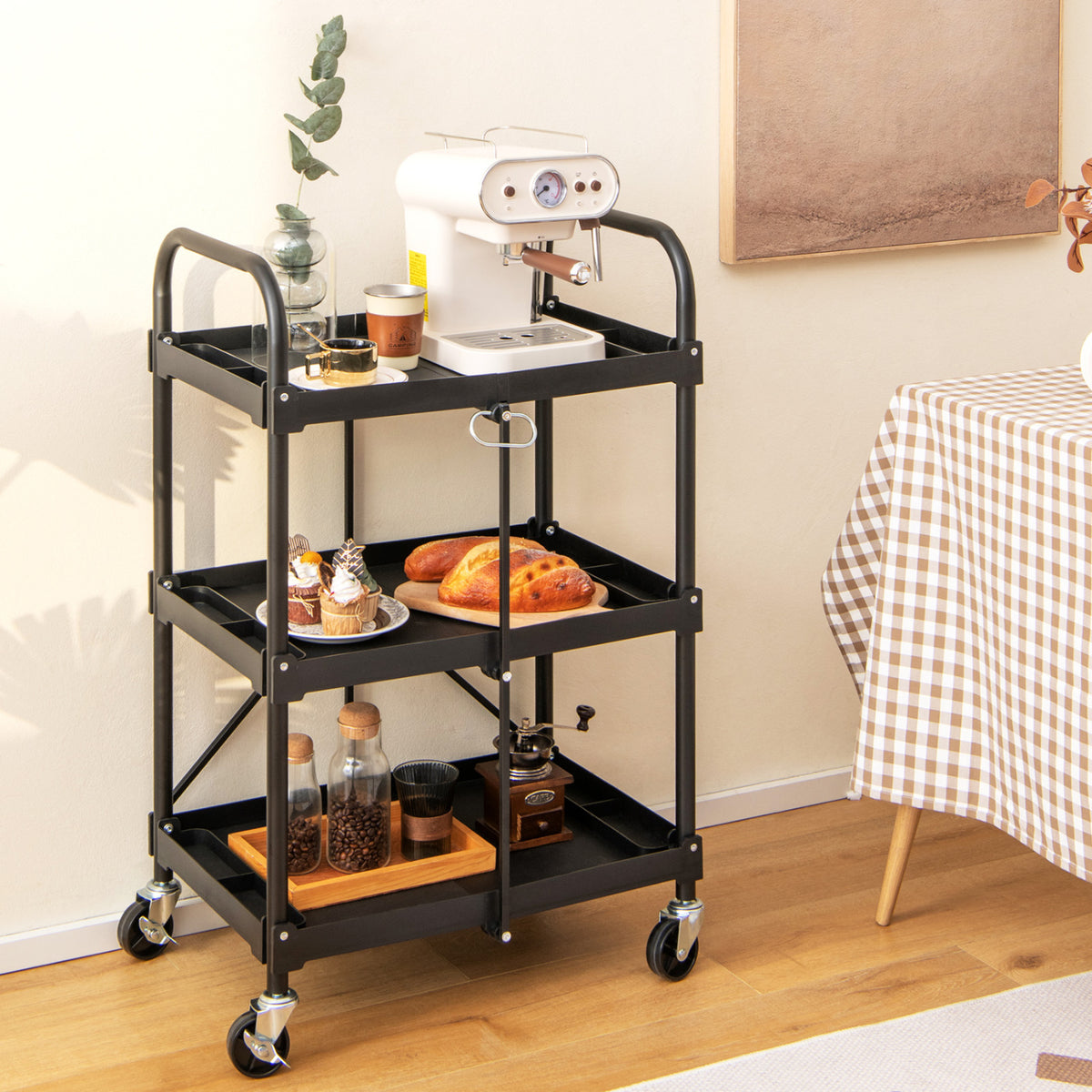 3-Tier Folding Trolley Cart with Universal Wheels Heavy Duty for