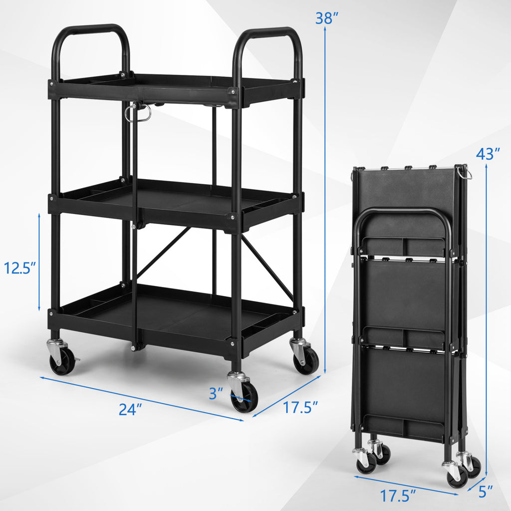 3-Tier Folding Trolley Cart with Universal Wheels Heavy Duty for