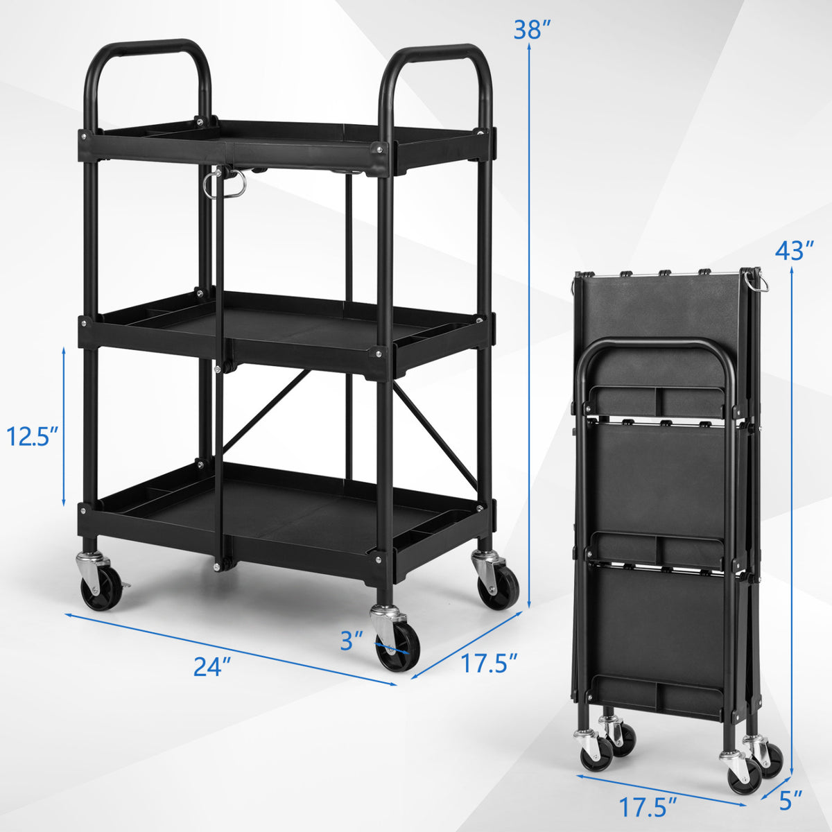 3-Tier Folding Trolley Cart with Universal Wheels Heavy Duty for