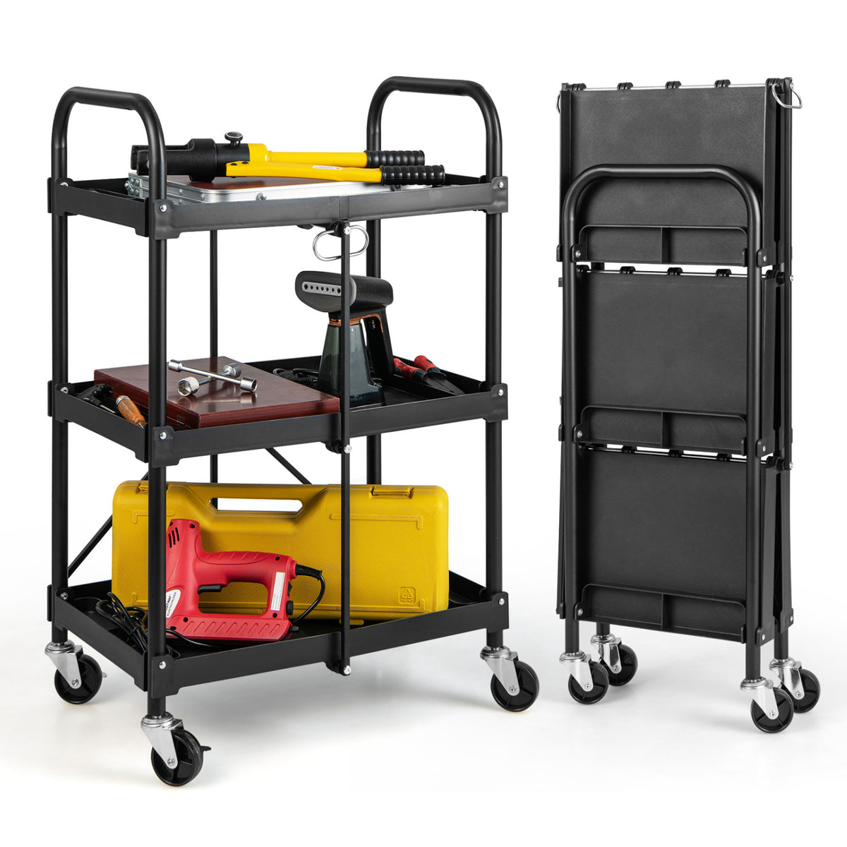 3-Tier Folding Trolley Cart with Universal Wheels Heavy Duty for