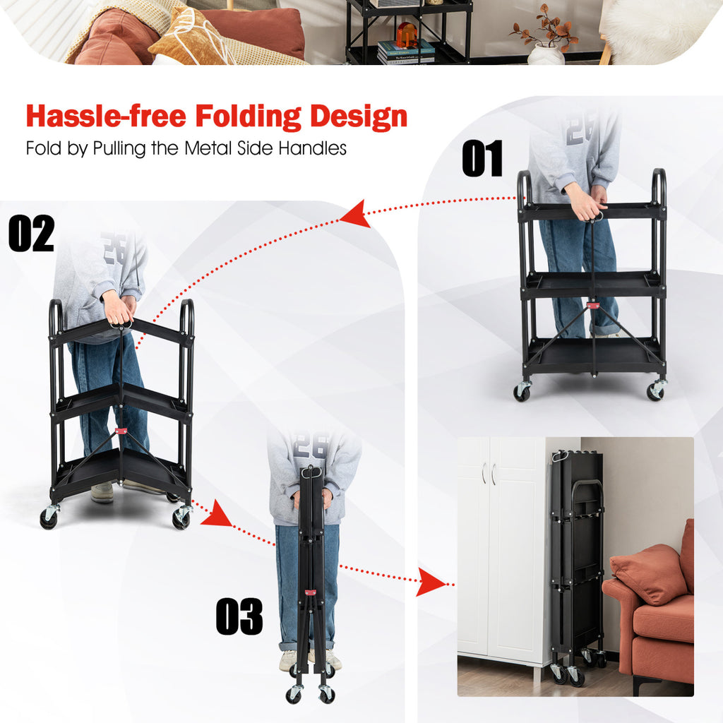 3-Tier Folding Trolley Cart with Universal Wheels Heavy Duty for