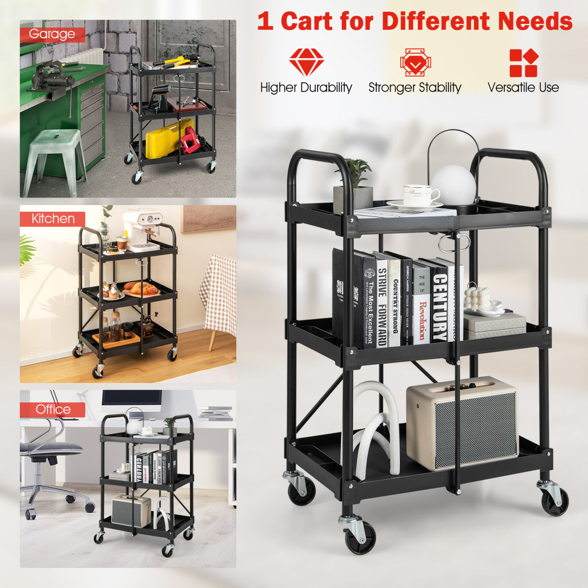 3-Tier Folding Trolley Cart with Universal Wheels Heavy Duty for