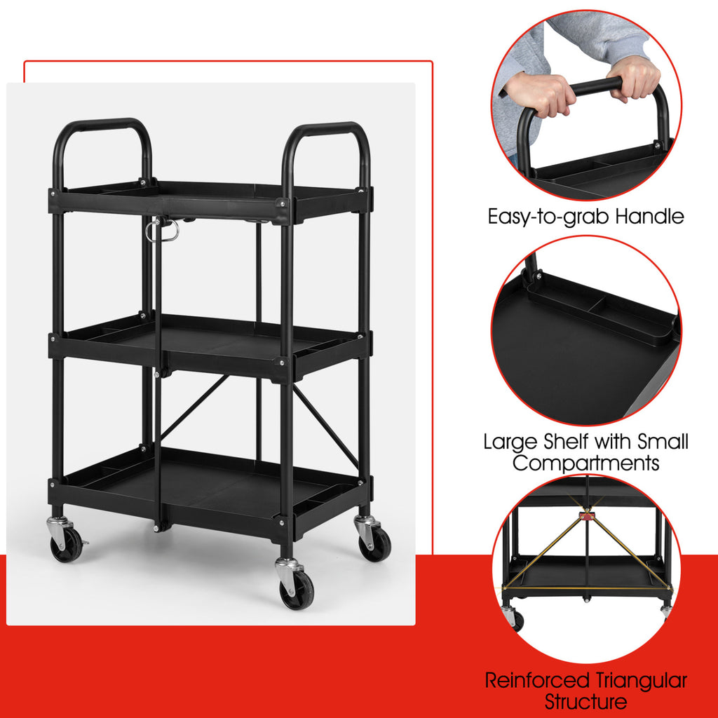 3-Tier Folding Trolley Cart with Universal Wheels Heavy Duty for
