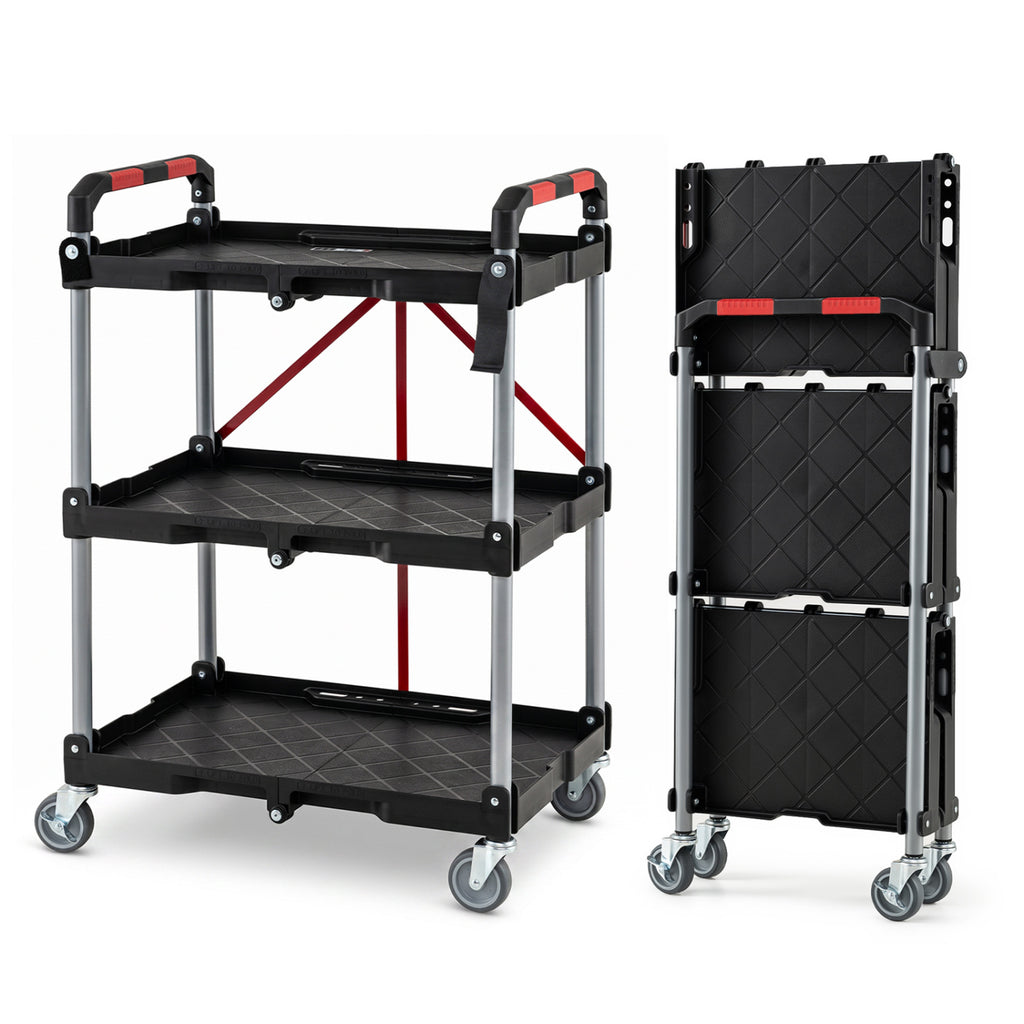 3-Tier Folding Utility Cart with Swivel Wheels and Brakes - Black