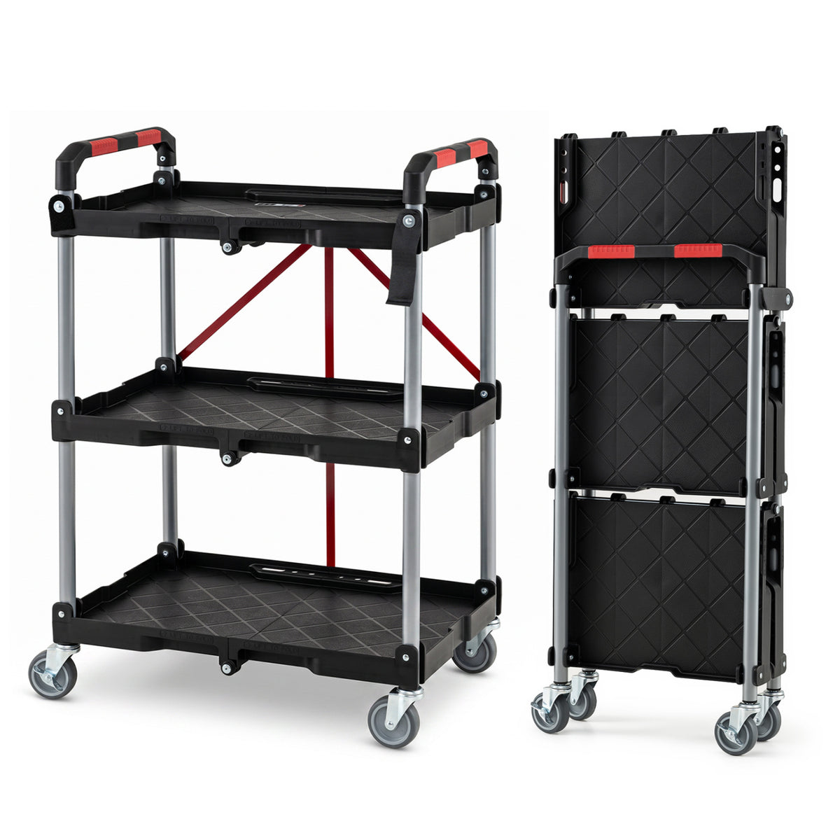 3-Tier Folding Utility Cart with Swivel Wheels and Brakes - Black