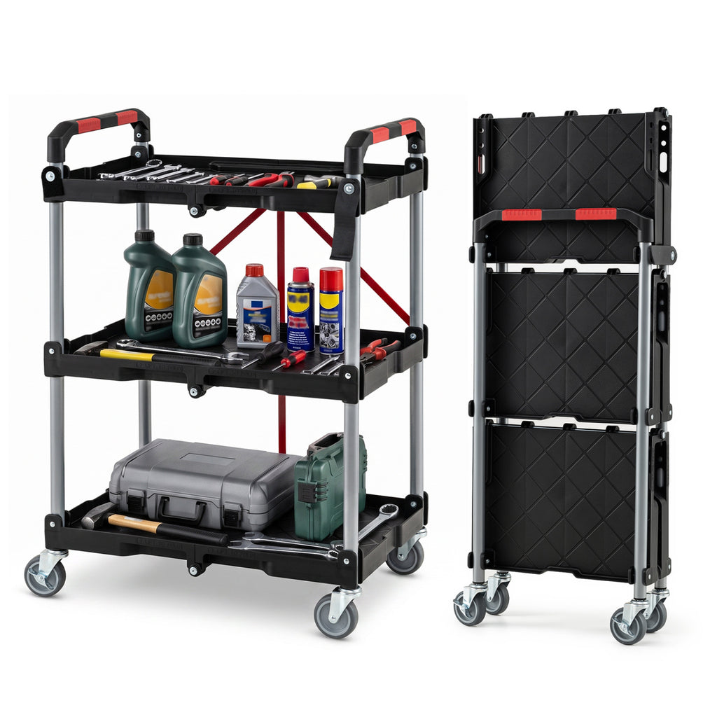 3-Tier Folding Utility Cart with Swivel Wheels and Brakes - Black